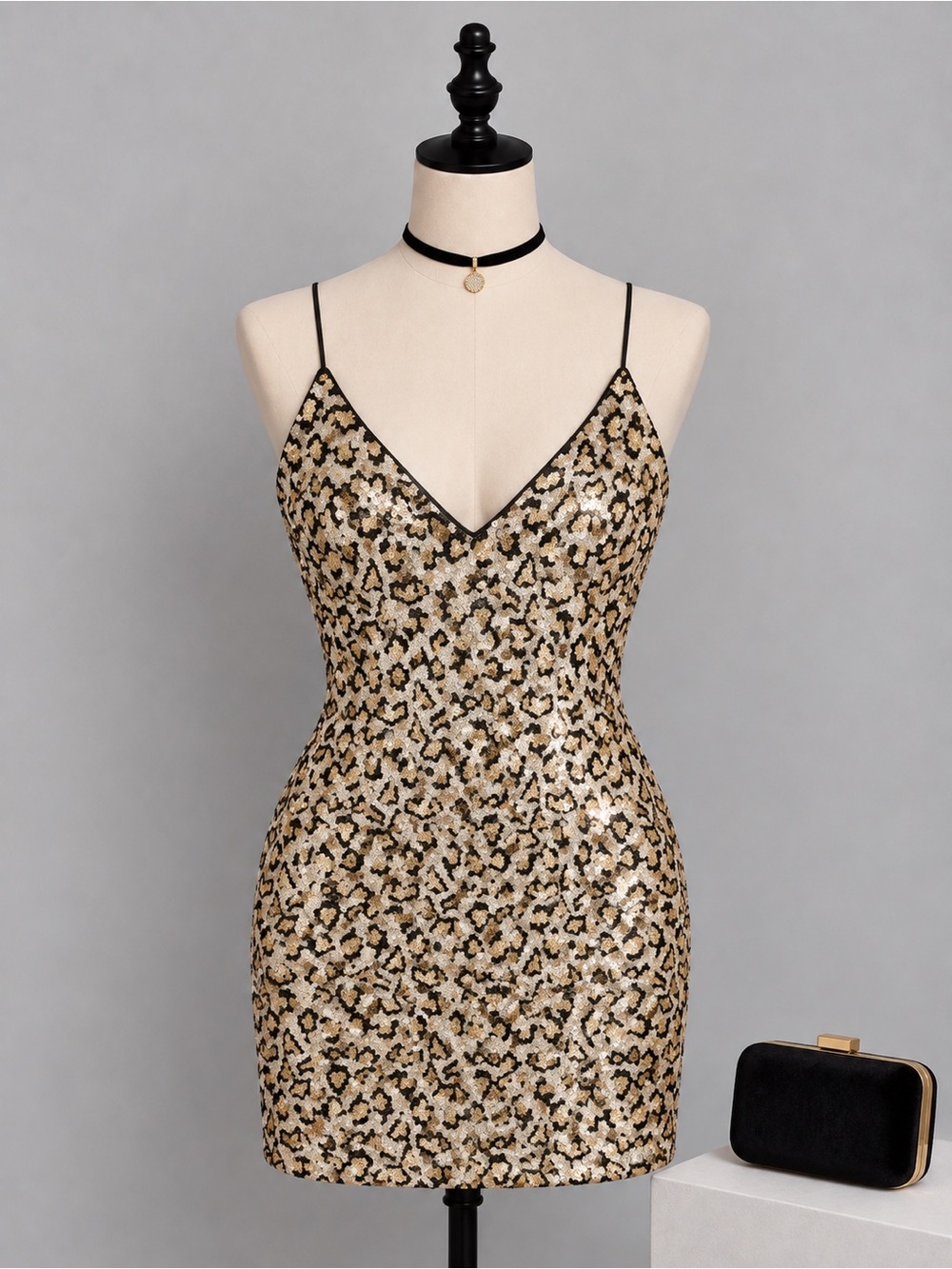 🐆Sequin Leopard/Cheetah Print Slip Dress - Gold/Black